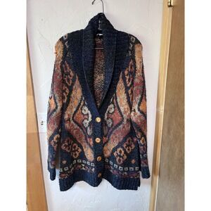 J. Jill Womens Large Southwestern Wool Blend Shawl Collar Cardigan Sweater Navy